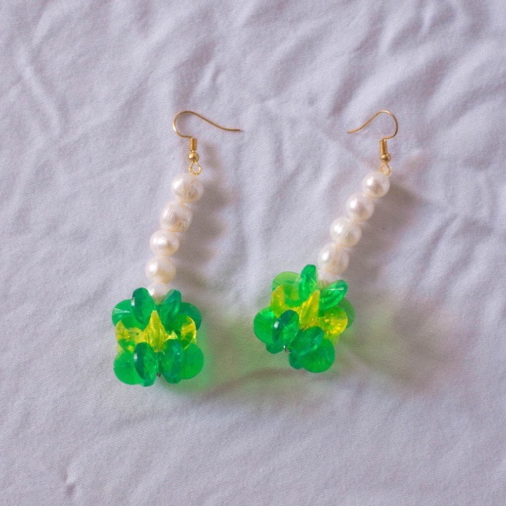 Green Pearl Star Statement Earrings